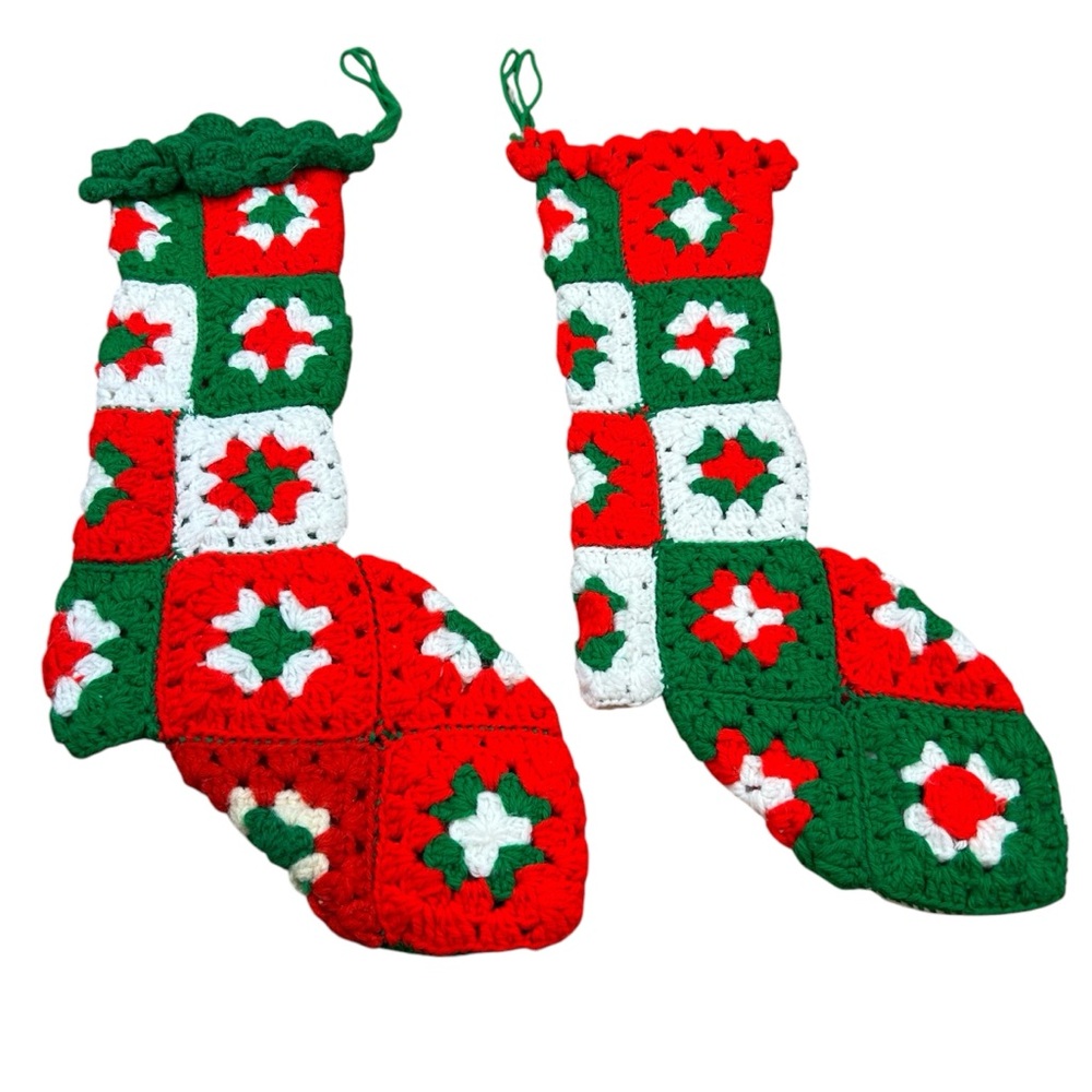 Vintage Handmade Crochet Granny Square Christmas Stockings Grannycore